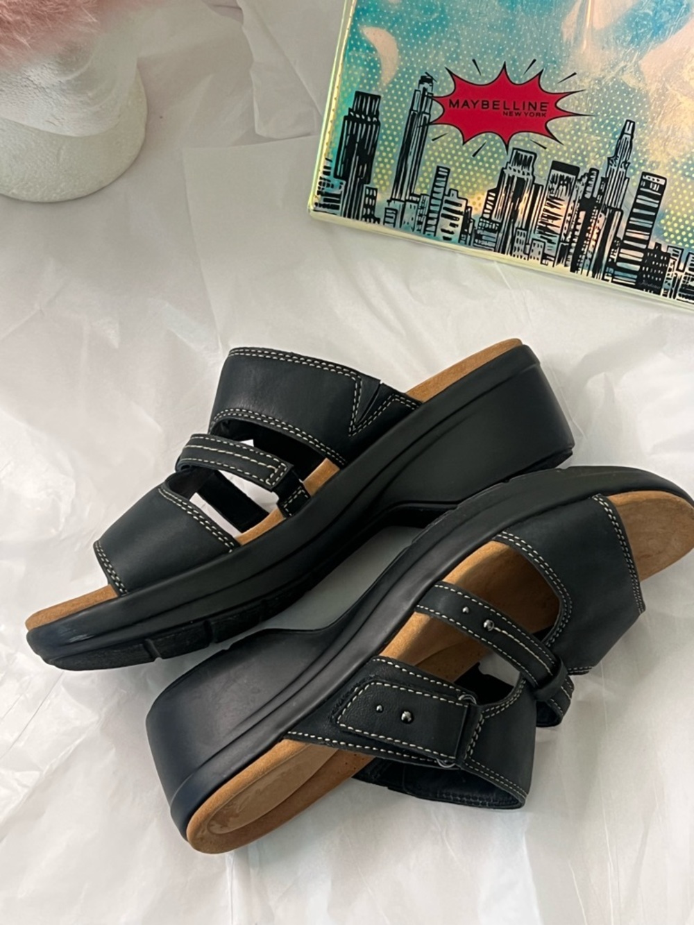 ClarksTuleah Jane Black Leather Slide Sandals with Buckle Straps - Picture 8 of 15